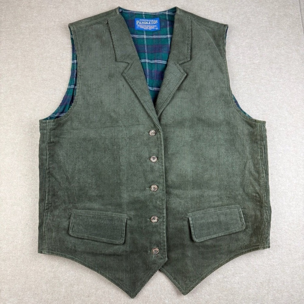 Vintage‎ Pendleton Vest Mens L Olive Green Corduroy Wool Plaid Lined Hong Kong